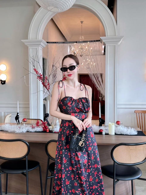 SIRINNN Floral Spaghetti Strip Padded Long Dress
